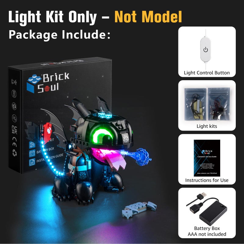 BrickSoul طقم إضاءة BrickSoul المحدث لمجموعة Lego 10375 كيف تدرب تنينك: مجموعة بناء توثلس | مع مفتاح تشغيل/إيقاف ومفتاح خافت وتقنية كابل مخفي | مجموعة إضاءة سهلة التركيب (طقم 10375 غير مشمول) - Image 2