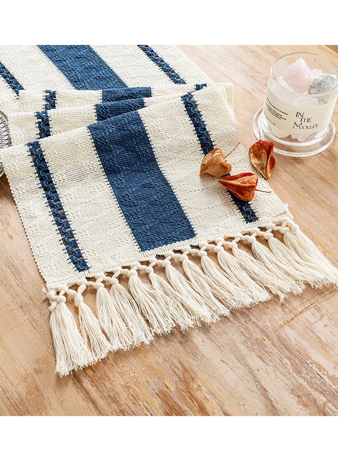 Fancy Homi عداء طاولة ماكرامي بوهيمي أنيق لتزيين المنزل، طراز مزرعة مع خيوط، مثالي للحفلات البوهيمية - 30x183 سم - أزرق غامق - Image 1