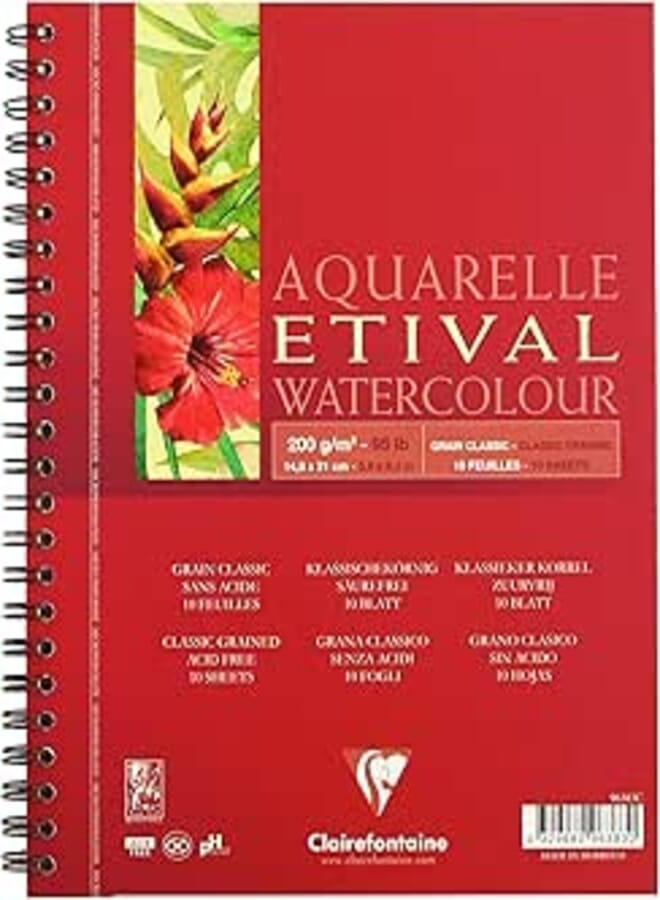 Clairefontaine - Ref 96383C - Etival Classic Grained Wirebound Watercolour Painting & Drawing Pad (10 Sheets of Paper) - A5 (21 x 14.8cm) - 200gsm Cellulose Art Paper