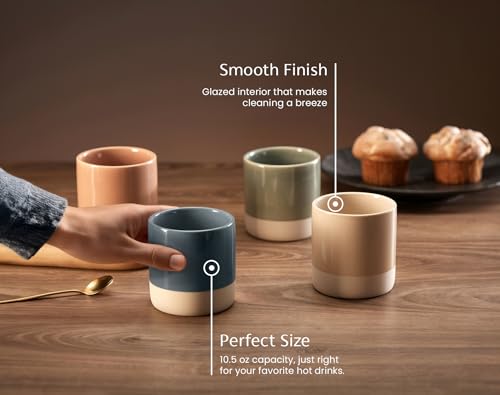 KooK Latte Mugs, Ceramic Artisanal Stoneware, No Handle, Japanese Tea Cups, For Coffee, Tea, Cocoa, Microwave and Dishwasher Safe, Multicolor, 10.5 oz, Set of 4 - Image 2