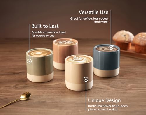 KooK Latte Mugs, Ceramic Artisanal Stoneware, No Handle, Japanese Tea Cups, For Coffee, Tea, Cocoa, Microwave and Dishwasher Safe, Multicolor, 10.5 oz, Set of 4 - Image 4