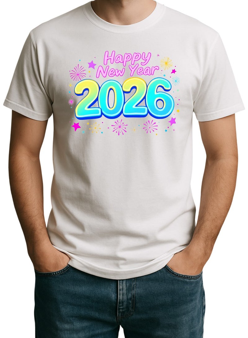 تيشيرت أبيض برسومات "عام جديد سعيد 2026" - تيشيرت للجنسين مطبوع عليه نص ملون على شكل فقاعات ونجوم - Image 1