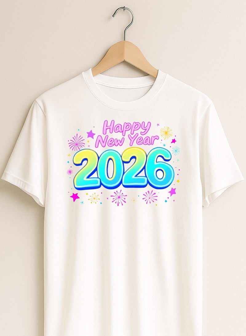 تيشيرت أبيض برسومات "عام جديد سعيد 2026" - تيشيرت للجنسين مطبوع عليه نص ملون على شكل فقاعات ونجوم - Image 2