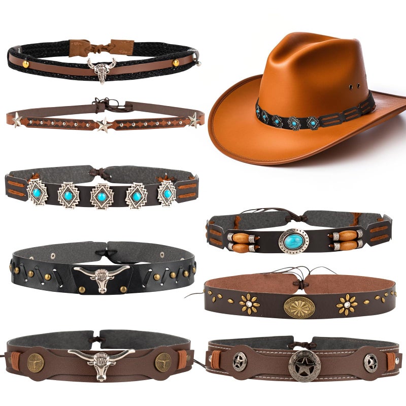 TRESSON Cowboy Hat Bands for Women & Men-Western PU Leather Cowgirl Hats Belt, Ethnic Western Hat Belts for Accessories Beaded Cowboy Supply 8 Pcs - Image 1