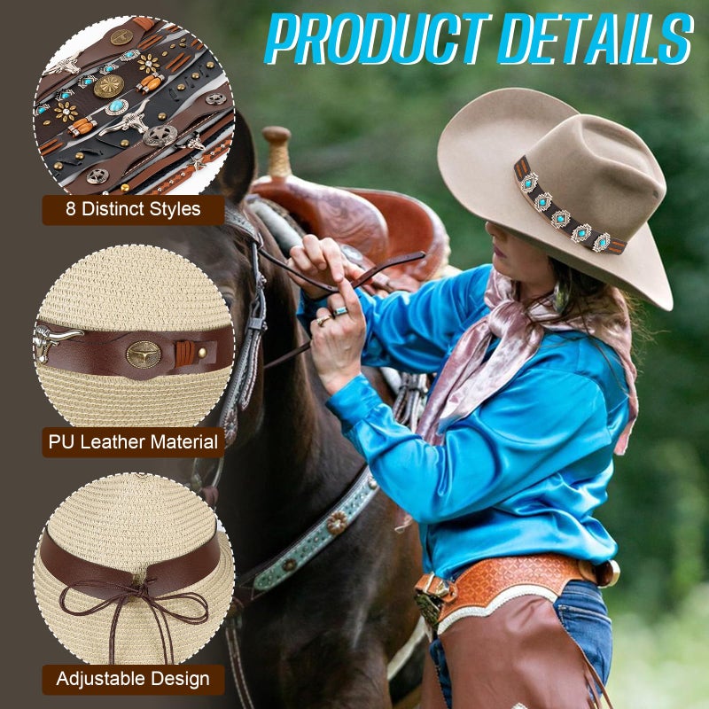 TRESSON Cowboy Hat Bands for Women & Men-Western PU Leather Cowgirl Hats Belt, Ethnic Western Hat Belts for Accessories Beaded Cowboy Supply 8 Pcs - Image 2