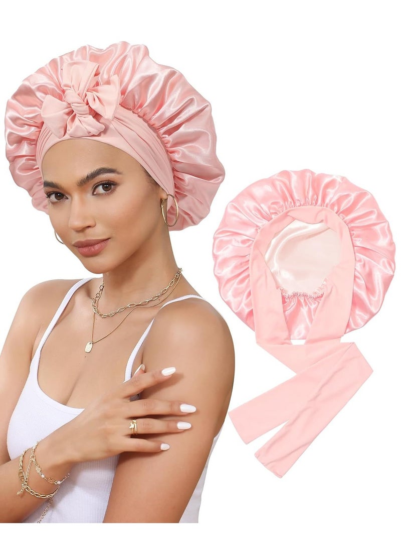 general Women's Sleep Silk Hat Elastic Double-layer Sleeping Hat Bow Ribbon Round Hat Wide-brimmed Satin Beauty Hair Care Hat Simulation Silk Scarf Hat - Image 1