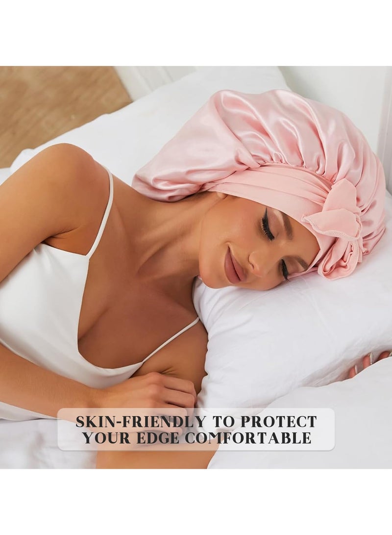 general Women's Sleep Silk Hat Elastic Double-layer Sleeping Hat Bow Ribbon Round Hat Wide-brimmed Satin Beauty Hair Care Hat Simulation Silk Scarf Hat - Image 2