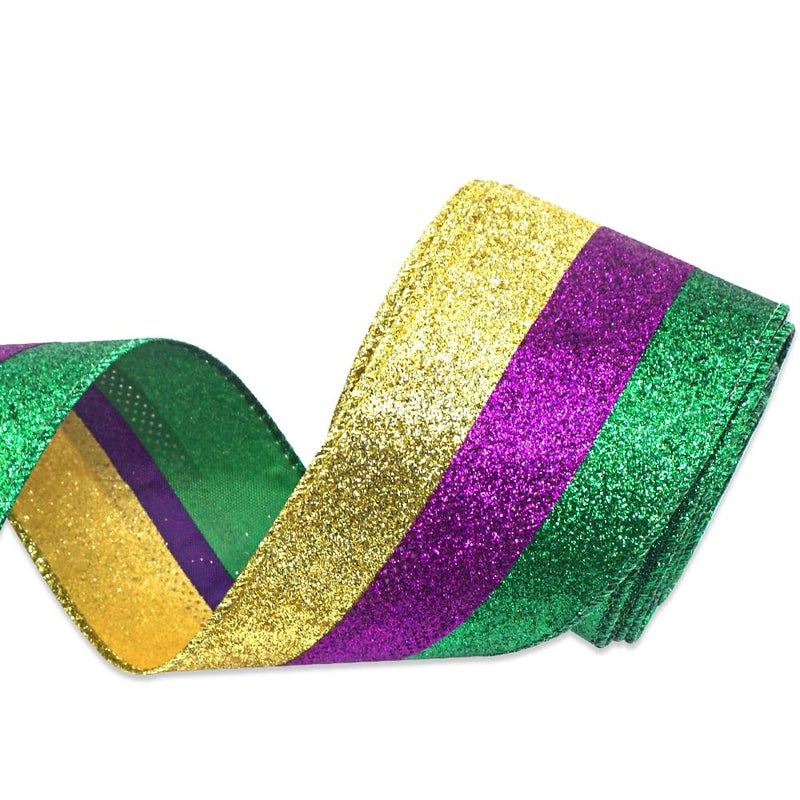 Hying Mardi Gras Ribbons for Wreath Bows, 2.5"10 Yards Fat Tuesday Wired Edge Glitter Gold Purple Green Ribbons for Crafting New Orleans Carnival Party Decoration Supplies - Image 1
