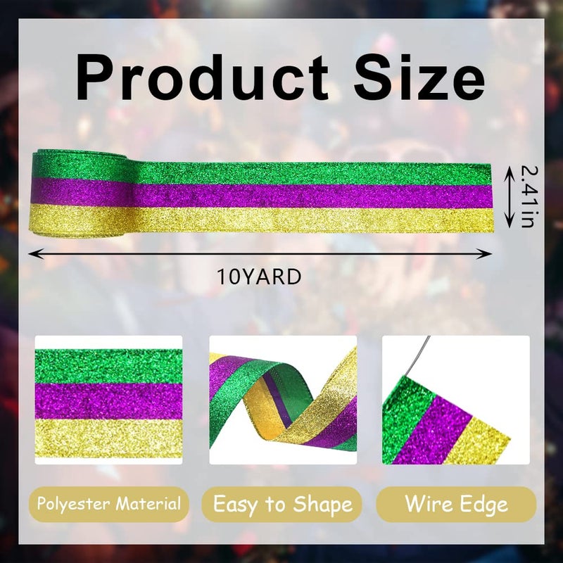 Hying Mardi Gras Ribbons for Wreath Bows, 2.5"10 Yards Fat Tuesday Wired Edge Glitter Gold Purple Green Ribbons for Crafting New Orleans Carnival Party Decoration Supplies - Image 2