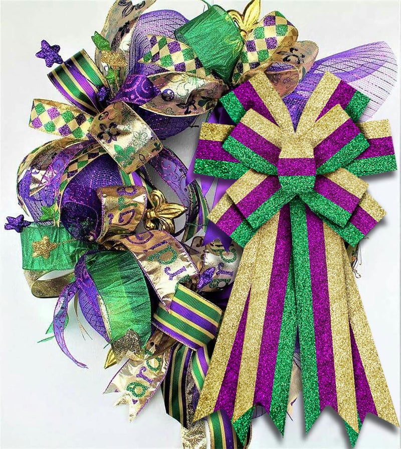 Hying Mardi Gras Ribbons for Wreath Bows, 2.5"10 Yards Fat Tuesday Wired Edge Glitter Gold Purple Green Ribbons for Crafting New Orleans Carnival Party Decoration Supplies - Image 3