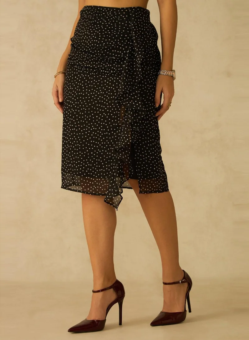 Virgio Satin Polka Dot Ruffle Midi Skirt