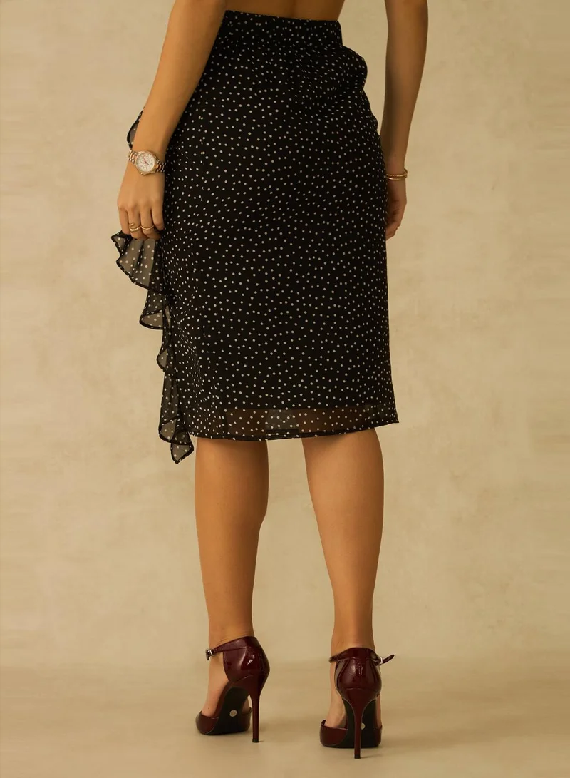 Virgio Satin Polka Dot Ruffle Midi Skirt