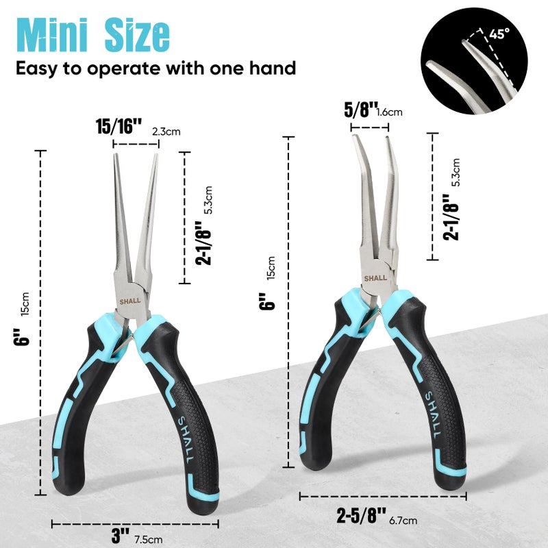 SHALL 6" Mini Needle Nose Pliers Set, 2PCS Long Nose Pliers & Bent Nose Pliers with Comfort Grip Handles, Non-Serrated Small Needle Nose Pliers for Jewelry Making, Bending Wire, Crafts, Home Repair - Image 2