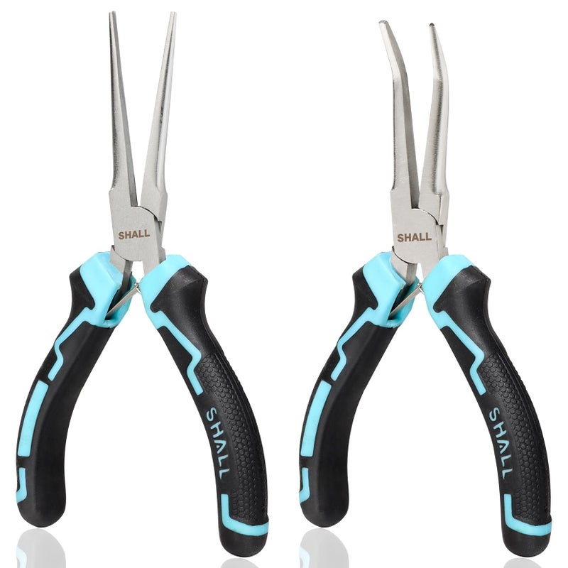 SHALL 6" Mini Needle Nose Pliers Set, 2PCS Long Nose Pliers & Bent Nose Pliers with Comfort Grip Handles, Non-Serrated Small Needle Nose Pliers for Jewelry Making, Bending Wire, Crafts, Home Repair - Image 1