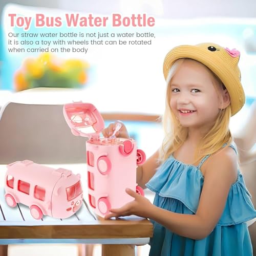 Maxbell Bus Shape Water Bottle for Kids with Strap, Sipper, and Straw | Leakproof, BPA Free with Lock, 500 ml - Cute Bus Shaped Water Bottle for Girls and Boys (Pink) - Image 4