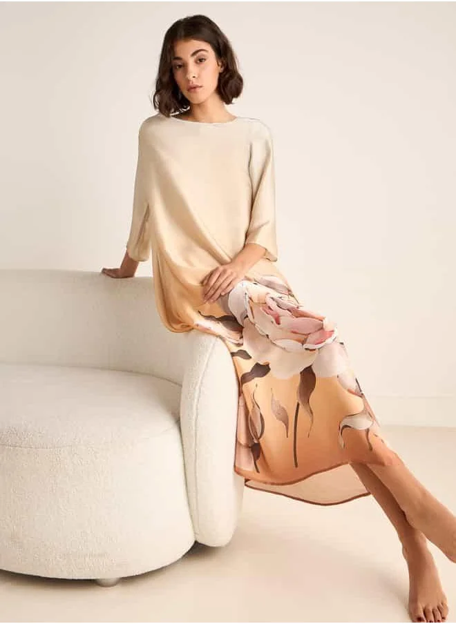 فاف Floral Print Night Dress with Round Neck and 3/4 Sleeves
