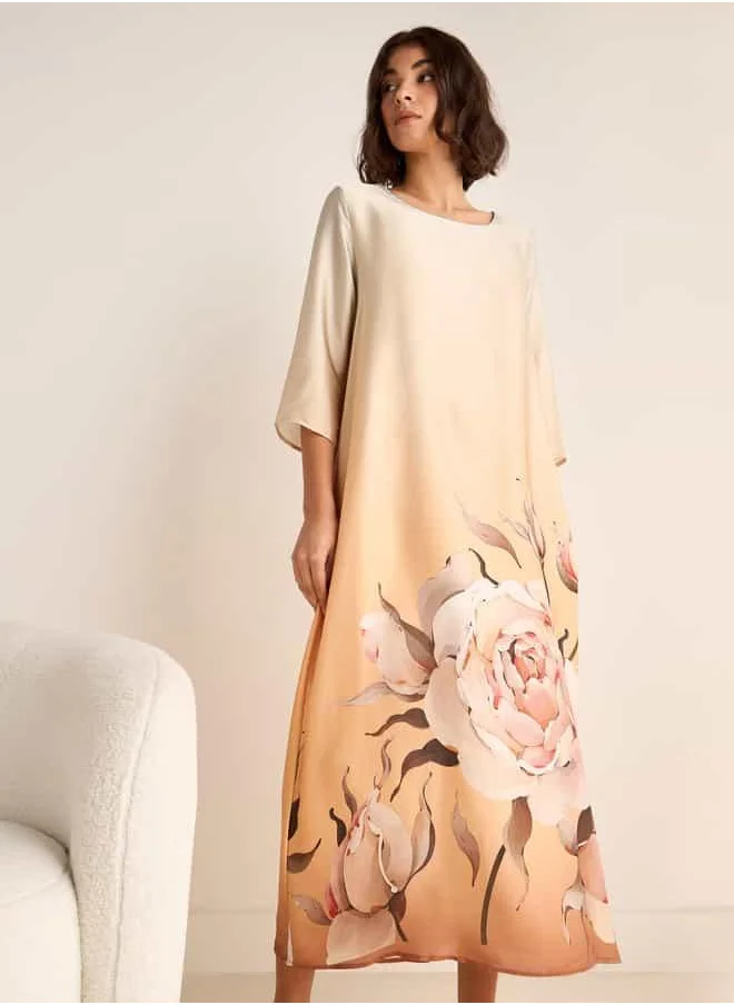فاف Floral Print Night Dress with Round Neck and 3/4 Sleeves
