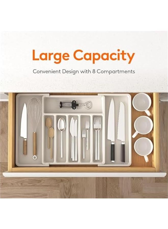 هوكور منظم ادراج الفضيات، صينية ادوات مائدة قابلة للتوسيع للمطبخ، خالية من البيسفينول ايه، تخزين بلاستيكي قابل للتعديل للملاعق والشوك والسكاكين، مقاس L (ابيض) - Image 4