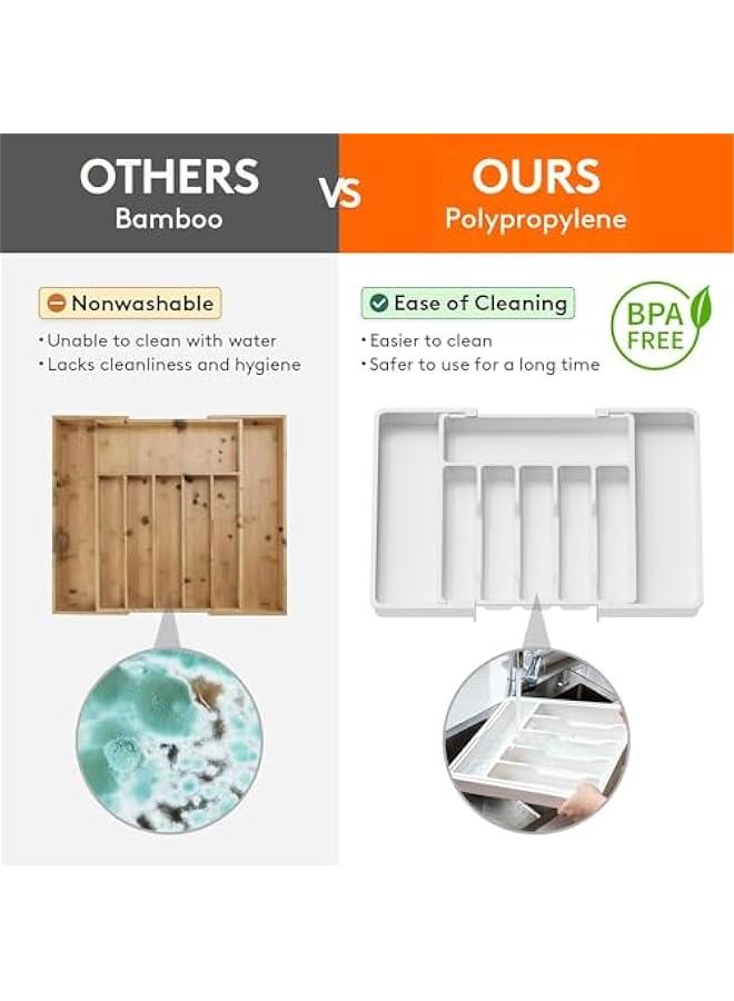 هوكور منظم ادراج الفضيات، صينية ادوات مائدة قابلة للتوسيع للمطبخ، خالية من البيسفينول ايه، تخزين بلاستيكي قابل للتعديل للملاعق والشوك والسكاكين، مقاس L (ابيض) - Image 5