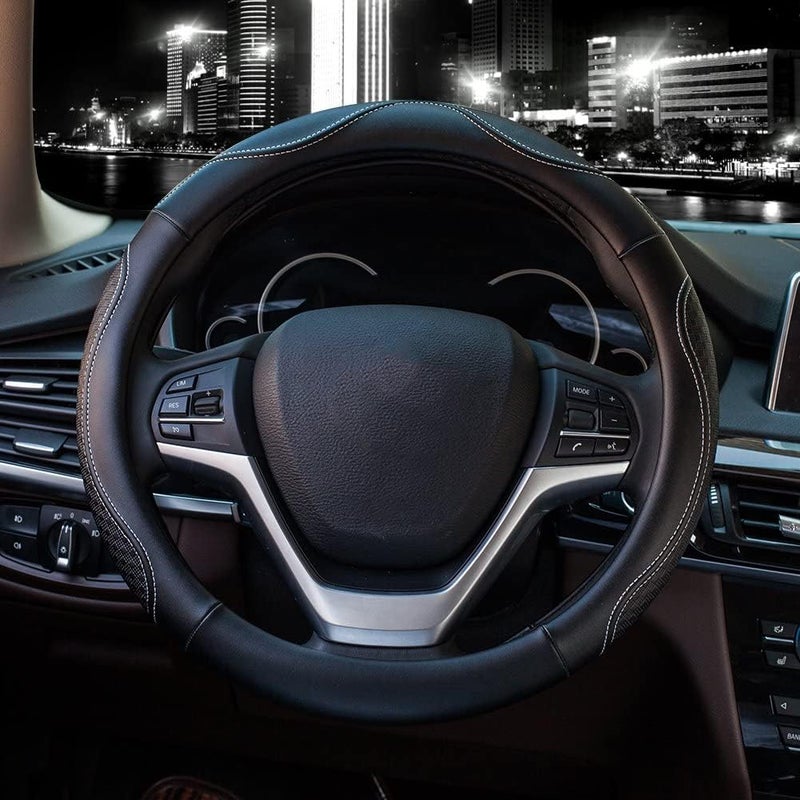 Valleycomfy Leather Steering Wheel Covers Universal 15 inch Breathable Anti Slip  Odor Free Black with White LinesM14 1215 14
