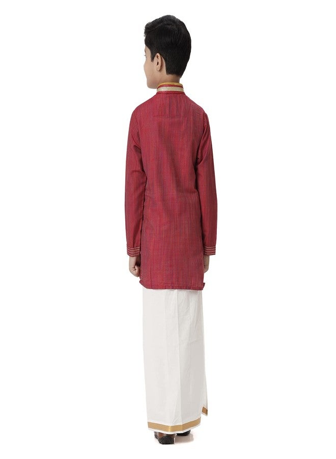 RAMRAJ COTTON قميص كورتا بقلنسوة ماندرين مزين بالأحمر للأطفال الأولاد من رامراج قطن مع مجموعة دهوتي - Image 3