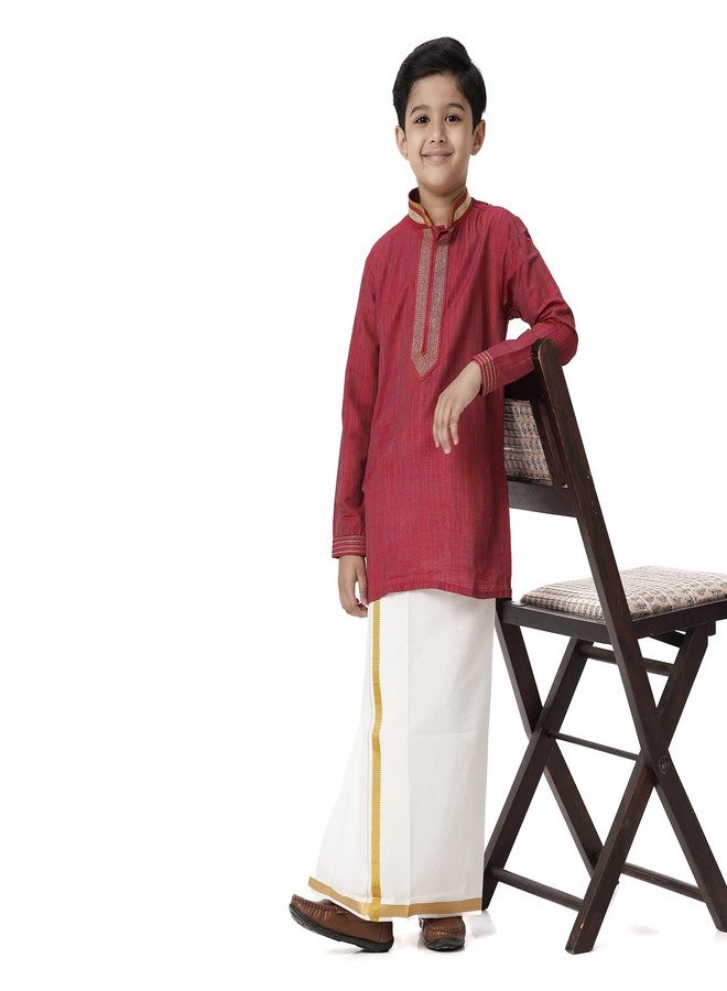 RAMRAJ COTTON قميص كورتا بقلنسوة ماندرين مزين بالأحمر للأطفال الأولاد من رامراج قطن مع مجموعة دهوتي - Image 1