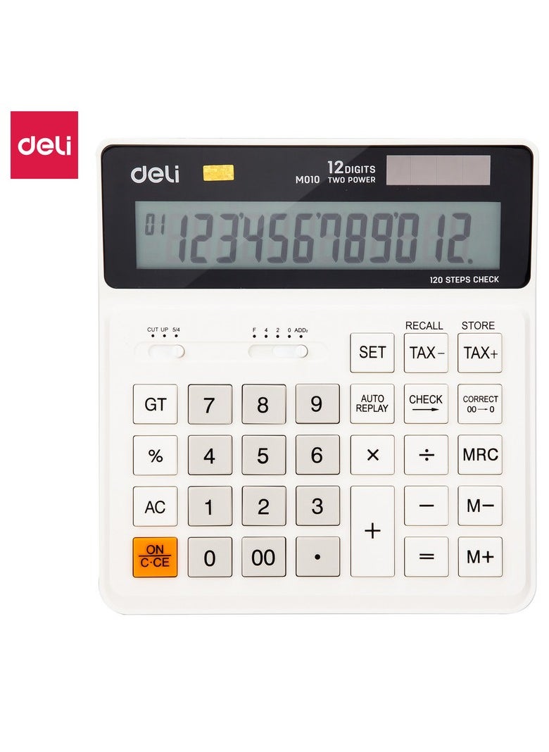 Deli - Deli EM01010 Desktop Calculator | 12 Digits | Solar & LR44 Battery Powered | Tax Function & 120-Step Check | White | Perfect for Office & Accounting Use (1PCS/Color Box) - Image 1