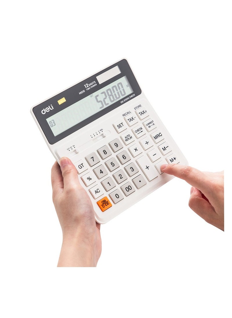 Deli - Deli EM01010 Desktop Calculator | 12 Digits | Solar & LR44 Battery Powered | Tax Function & 120-Step Check | White | Perfect for Office & Accounting Use (1PCS/Color Box) - Image 1
