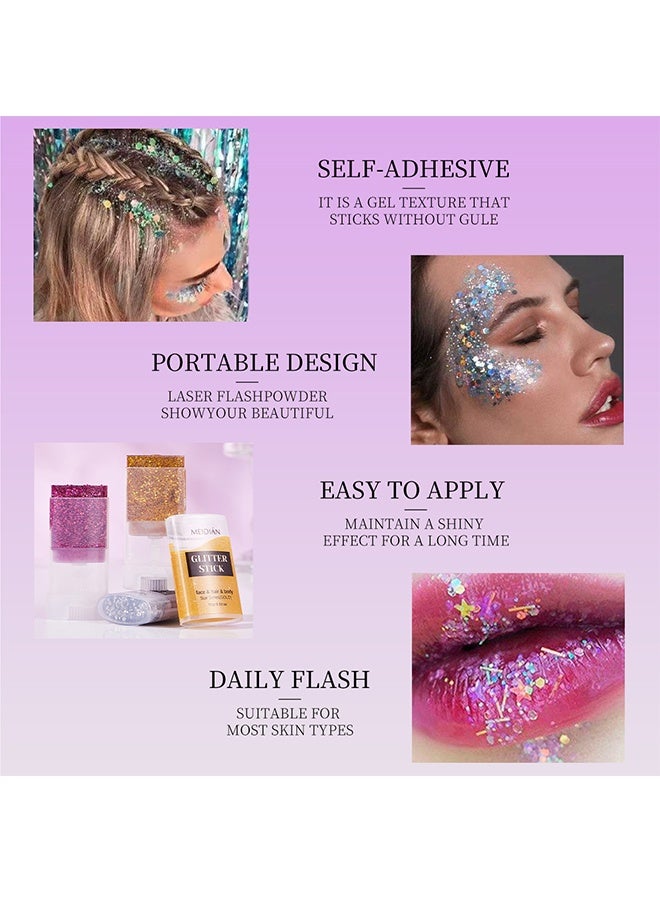 Meidián Mermaid Glitter Stick,Waterproof Halloween Face Glitter Gel,Chunky Glitter Face Paint,Mermaid Sequin Hair Glitter Makeup,Sparkle Body Glitter for Women,Festival Accessories Glitter 15g - Image 3