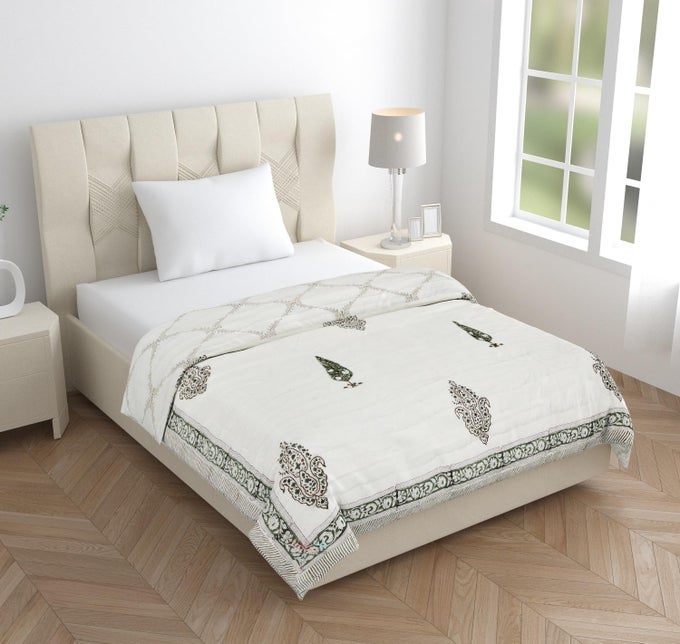 HAND BLOCK PRINTED PURE COTTON RAZAI QUILTS LUTOS GREEN SINGLE BED 60X90 INCHES FLORAL
