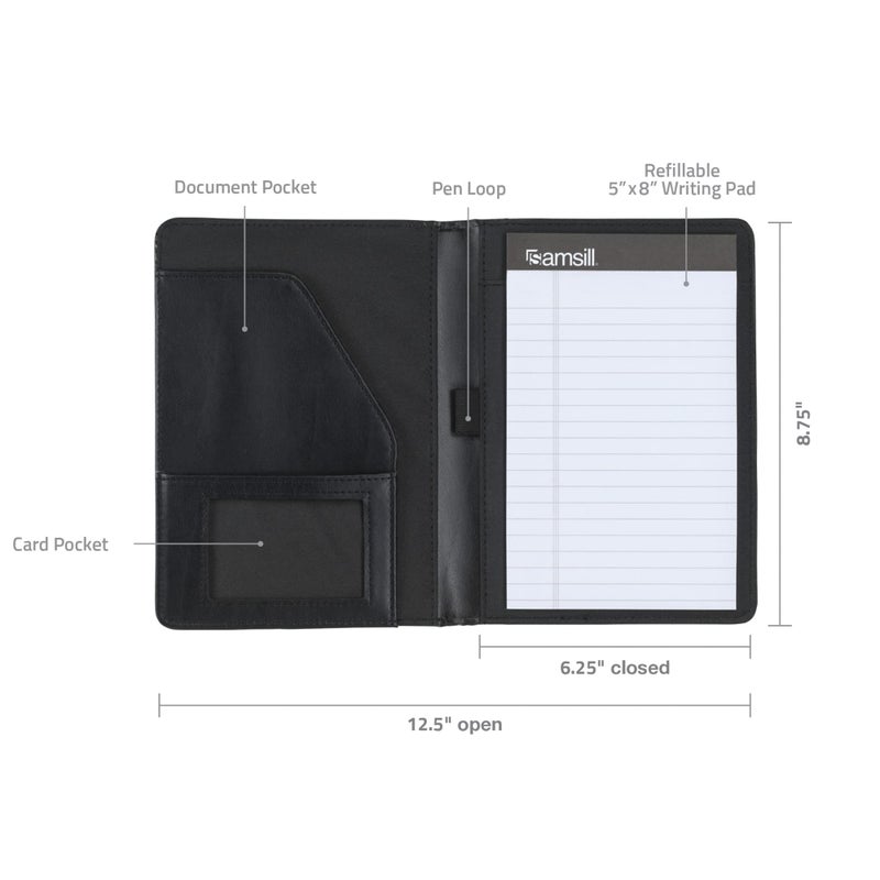 Samsill محفظة سامسيل ذات الخياطة المتباينة من الجلد الصناعي، حجم صغير لمقابلات العمل، تشمل دفتر كتابة بحجم 5 × 8 بوصة، أسود - Image 2