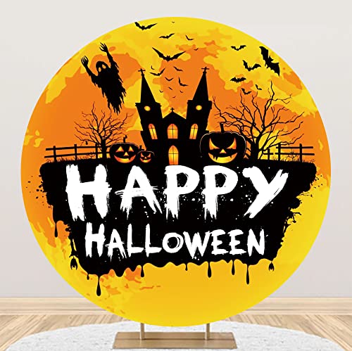Laeacco 72x72FT Happy Halloween Round Backdrop Cover Fabric Orange Scary Night Halloween Photo Backdrop Gloomy Ghost Castle Pumpkin Lanterns Bats Trunk or Treat Party Photo Studio - Image 1