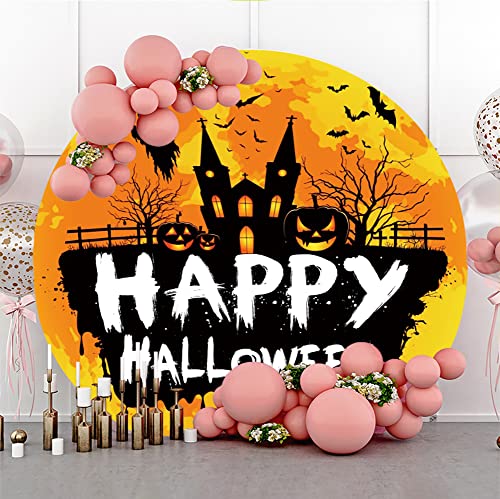 Laeacco 72x72FT Happy Halloween Round Backdrop Cover Fabric Orange Scary Night Halloween Photo Backdrop Gloomy Ghost Castle Pumpkin Lanterns Bats Trunk or Treat Party Photo Studio - Image 3