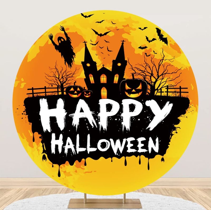 Laeacco 72x72FT Happy Halloween Round Backdrop Cover Fabric Orange Scary Night Halloween Photo Backdrop Gloomy Ghost Castle Pumpkin Lanterns Bats Trunk or Treat Party Photo Studio - Image 2