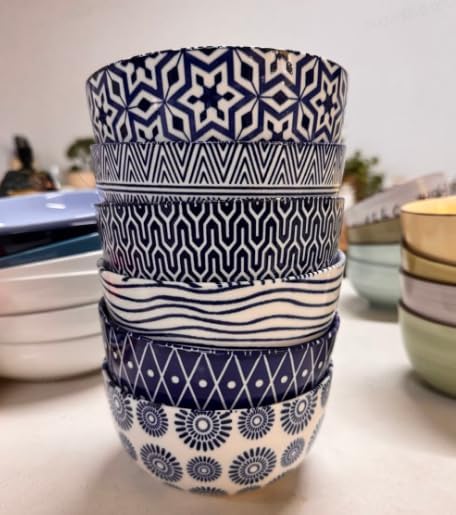 Amazingware Porcelain Bowl  20 Ounce for Cereal Soup Salad and Pasta Microwave Dishwasher Oven Safe Bowl Set of 6 Vintage Blue