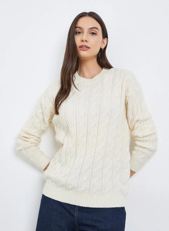 تايك تو سويتر سادة محبوك بكابل بأكمام طويلة