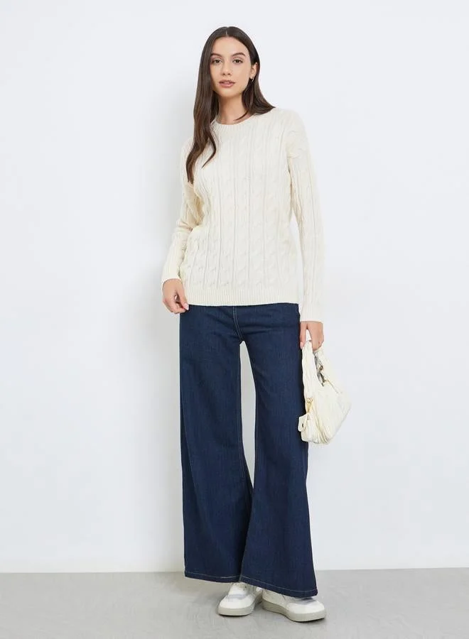 تايك تو سويتر سادة محبوك بكابل بأكمام طويلة