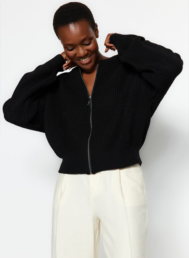 trendyol Black Wide Pattern Bomber Collar Zippered Knitwear Cardigan - Image 1