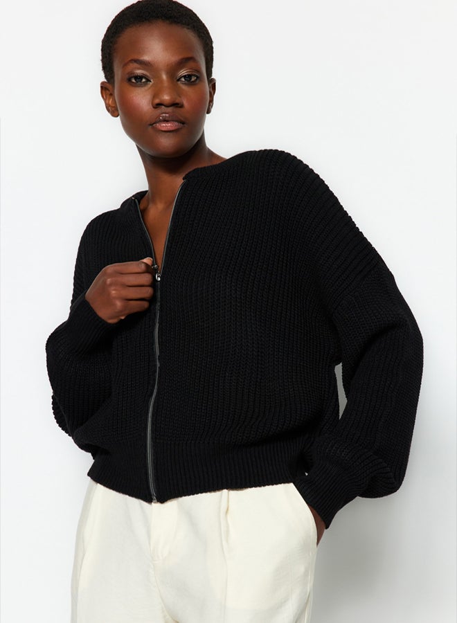 trendyol Black Wide Pattern Bomber Collar Zippered Knitwear Cardigan - Image 2