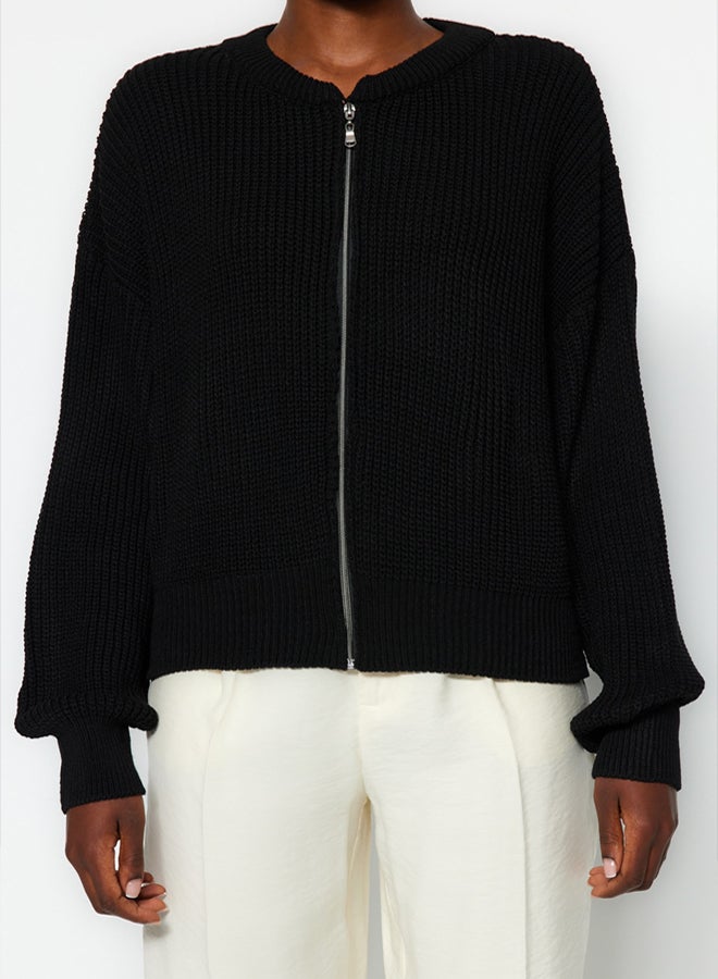 trendyol Black Wide Pattern Bomber Collar Zippered Knitwear Cardigan - Image 4