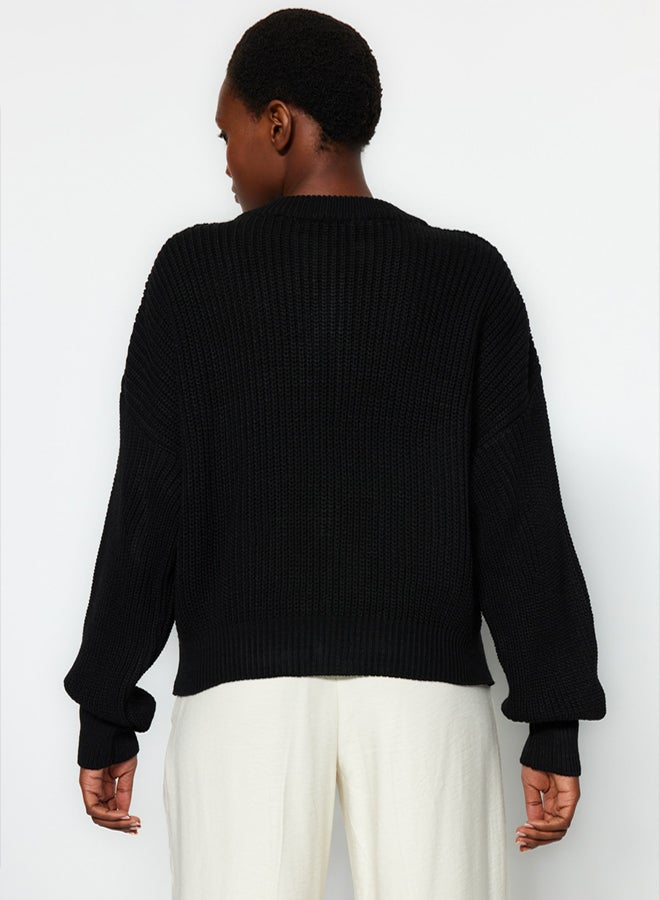 trendyol Black Wide Pattern Bomber Collar Zippered Knitwear Cardigan - Image 5