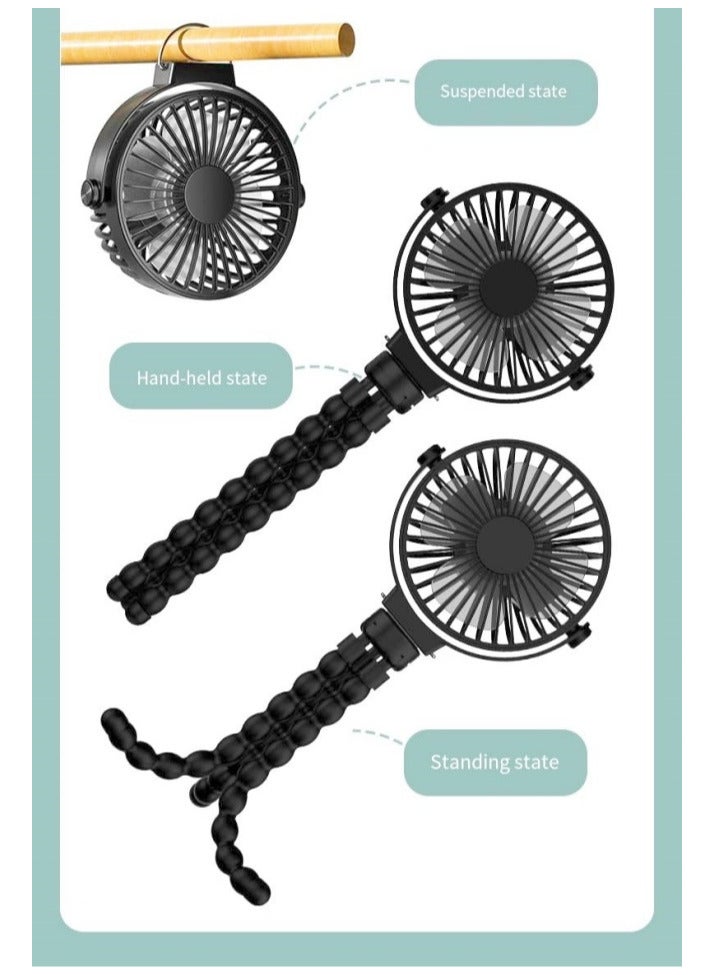Hiras Portable Fan with Octopus Tripod Clip | USB Rechargeable Handheld Fan for Stroller, Car Seat, Desk & Camping | 3 Speed Quiet Battery Operated Mini Fan with 360° Rotation, Detachable and Hangable - Image 3