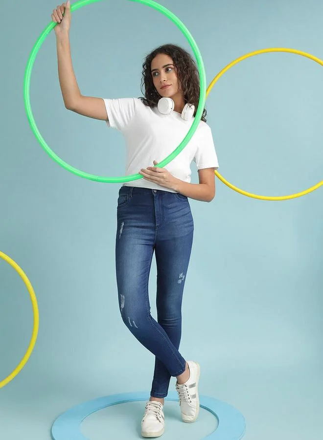 Freehand Dark Blue Freehand Women Light Distress Skinny Jeans for Women | Best Price UAE
