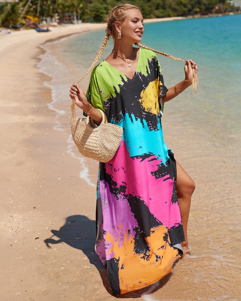 Bsubseach Kaftan Dresses for Women Plus Size Tie Dye Batwing Sleeve Caftans Swimsuit Coverup Maxi Dress Loungewear Colorful Tie Dye - Image 4