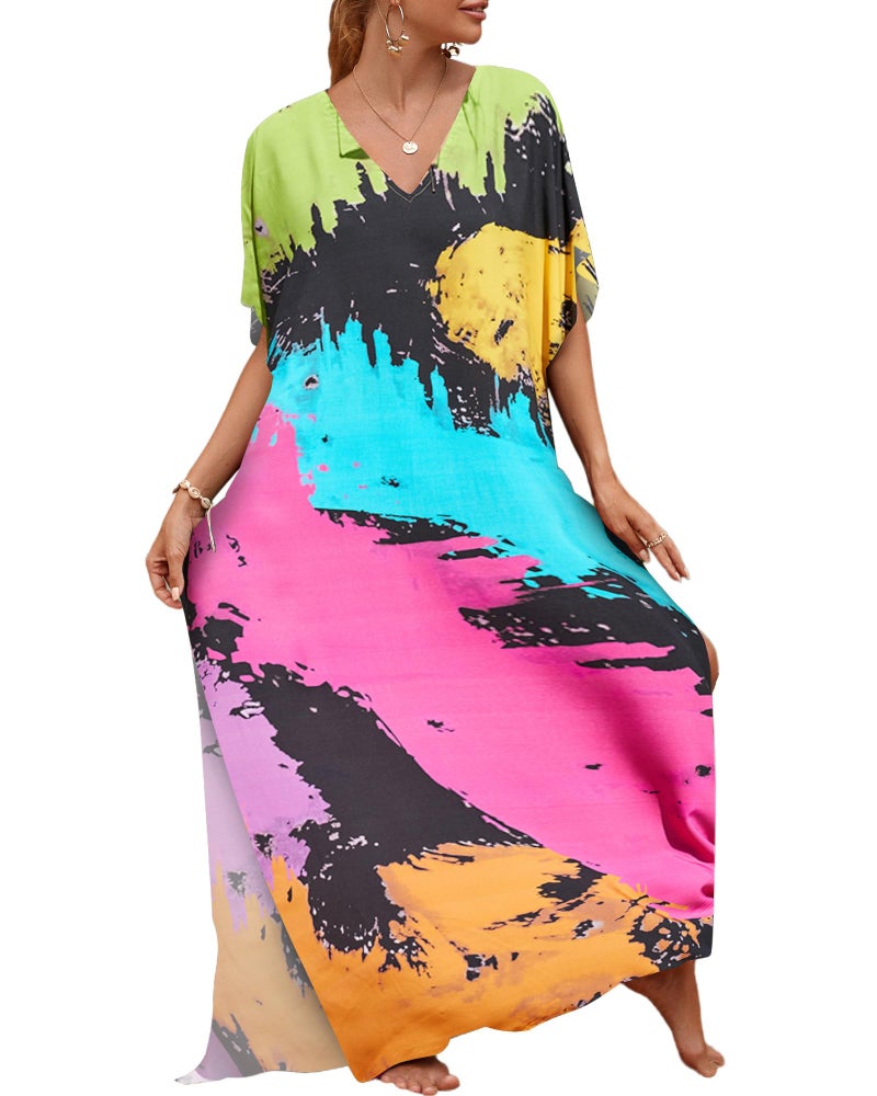 Bsubseach Kaftan Dresses for Women Plus Size Tie Dye Batwing Sleeve Caftans Swimsuit Coverup Maxi Dress Loungewear Colorful Tie Dye - Image 1