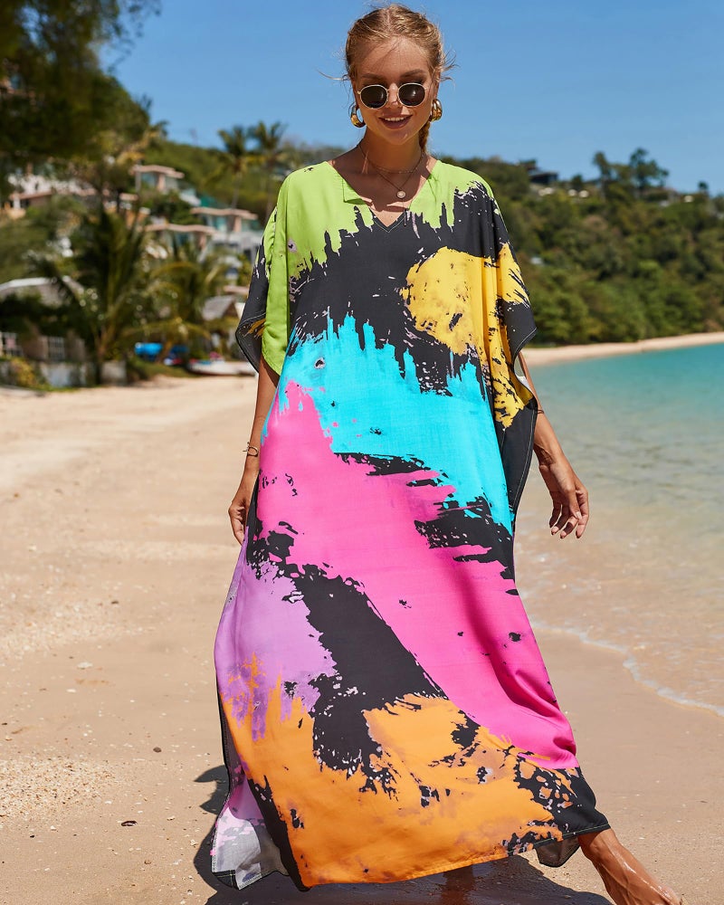 Bsubseach Kaftan Dresses for Women Plus Size Tie Dye Batwing Sleeve Caftans Swimsuit Coverup Maxi Dress Loungewear Colorful Tie Dye - Image 2
