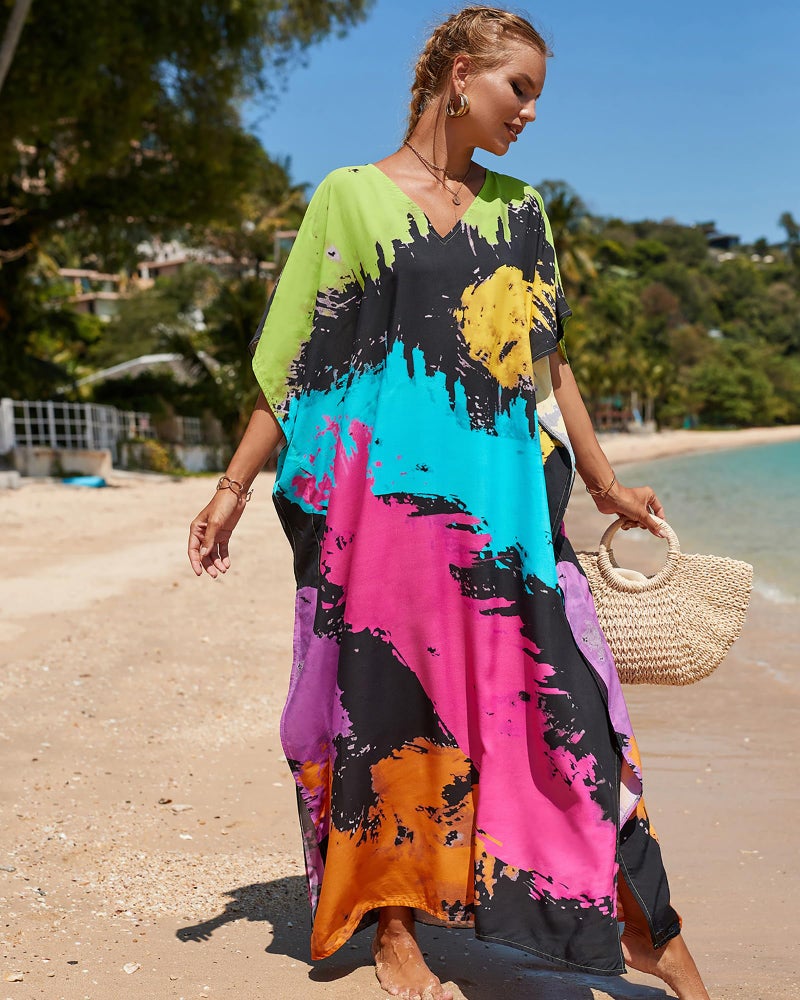 Bsubseach Kaftan Dresses for Women Plus Size Tie Dye Batwing Sleeve Caftans Swimsuit Coverup Maxi Dress Loungewear Colorful Tie Dye - Image 5
