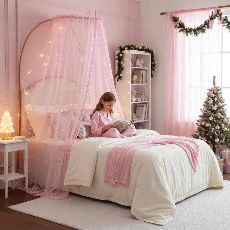 WAZZIO Baby Pink Sheer Curtains for Girls Bedroom Living Room & Nursery 2 Panels 84 Inches Long- Delicate Floral Lace & Tassel Trim Rod Pocket Drapes Light Filtering Privacy Window Curtain,Light Pink - Image 4