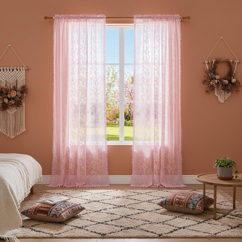 WAZZIO Baby Pink Sheer Curtains for Girls Bedroom Living Room & Nursery 2 Panels 84 Inches Long- Delicate Floral Lace & Tassel Trim Rod Pocket Drapes Light Filtering Privacy Window Curtain,Light Pink - Image 3