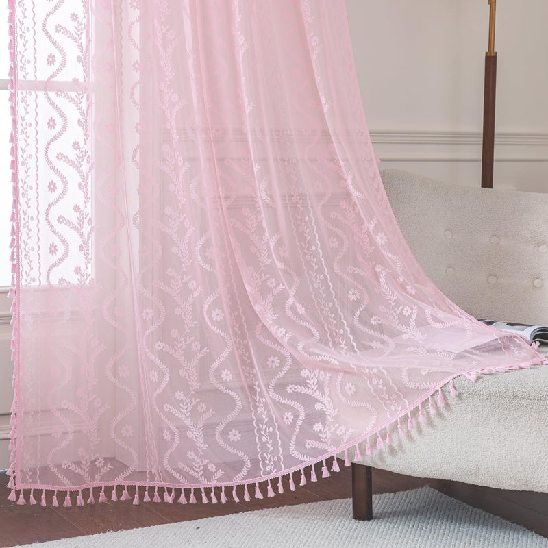 WAZZIO Baby Pink Sheer Curtains for Girls Bedroom Living Room & Nursery 2 Panels 84 Inches Long- Delicate Floral Lace & Tassel Trim Rod Pocket Drapes Light Filtering Privacy Window Curtain,Light Pink - Image 1